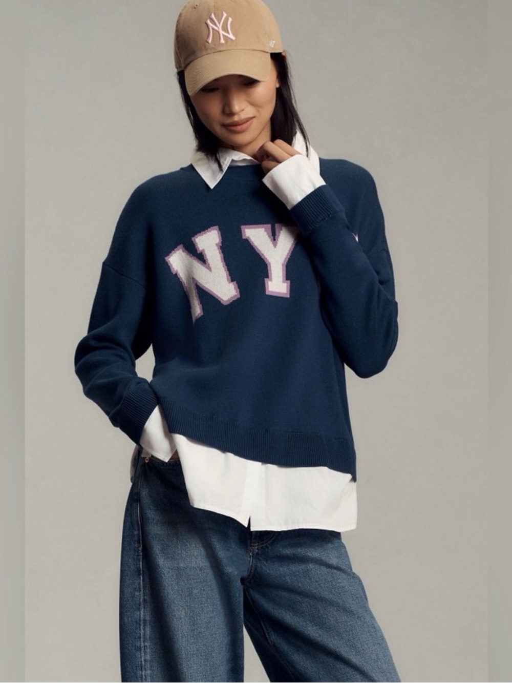 Anthropologie  NY Logo Navy two-for Sweater size M nwt